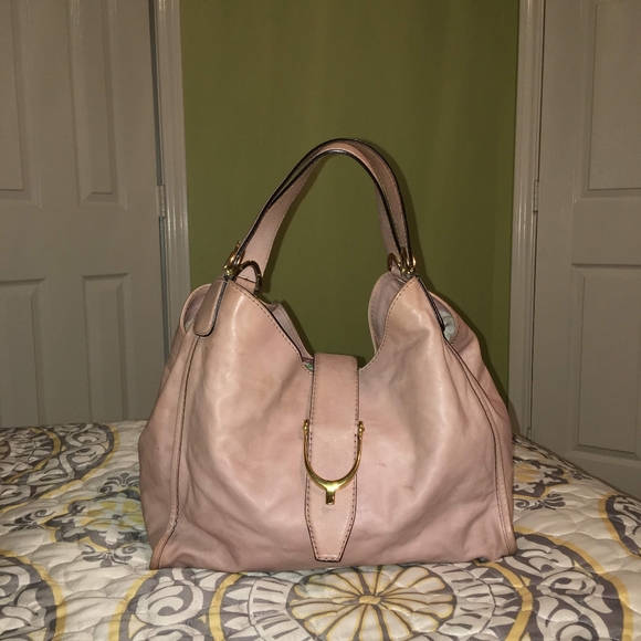 Gucci Handbags - Gucci Stirrup Brocade Pink Leather Hobo Bag